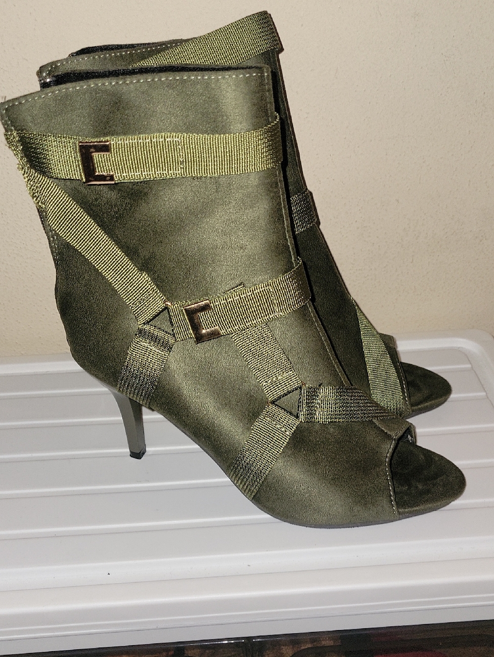 Olive Green Strappy Peep-Toe Heeled Ankle Boots for Women